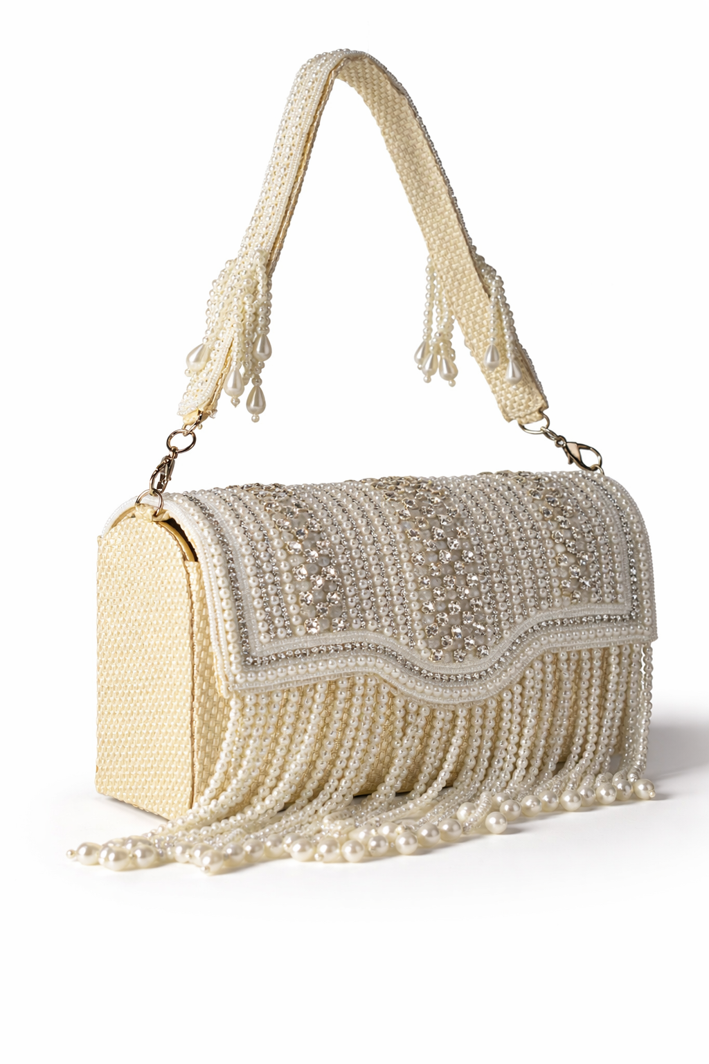 KarryQ Women's Premium Ivory Pearl Beaded Fringe Handbag | Crystal Embellished Party Clutch Purse | Bridal, Wedding, Festive, Cocktail & Ethnic Shoulder Bag with Pearl Handle