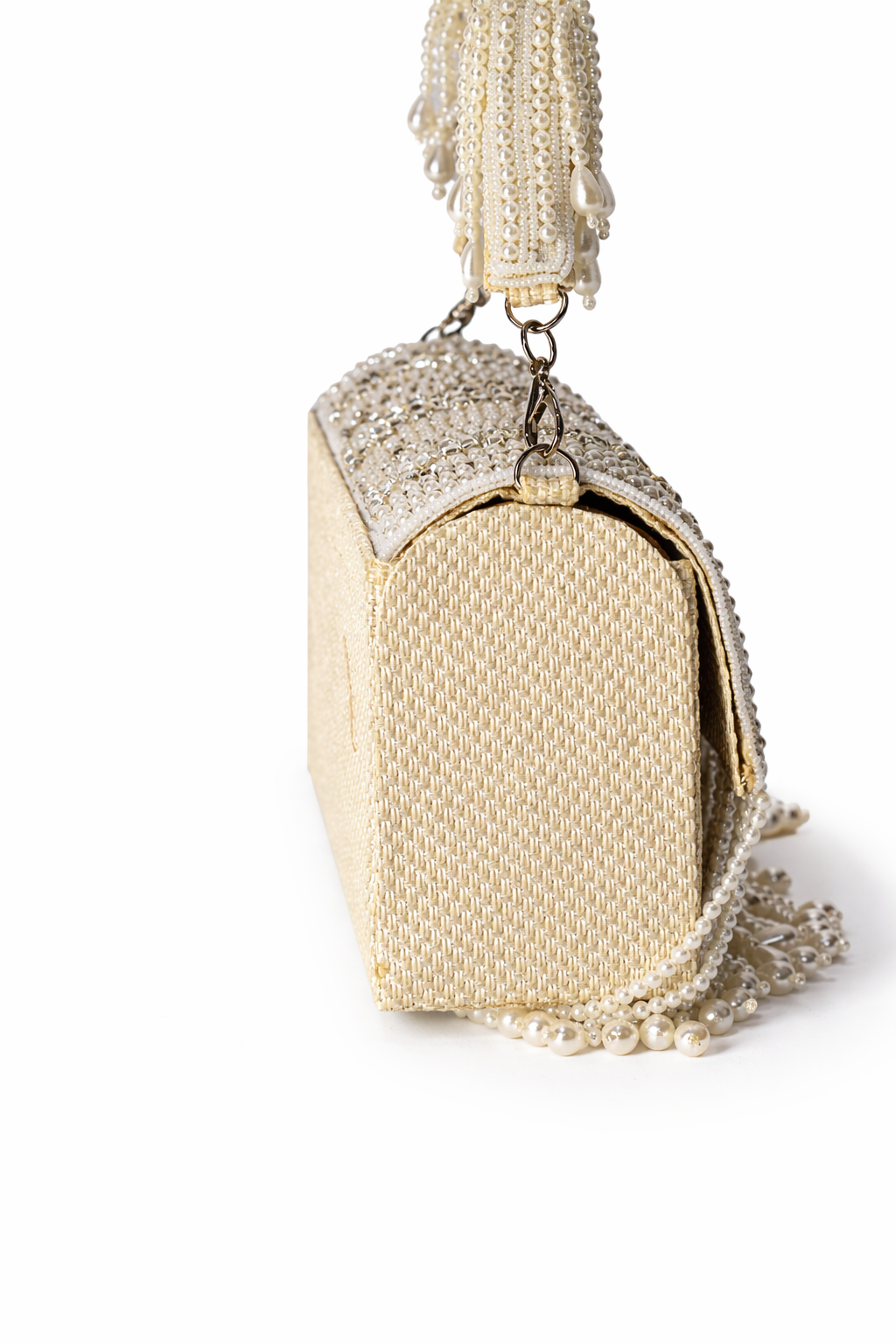 KarryQ Women's Premium Ivory Pearl Beaded Fringe Handbag | Crystal Embellished Party Clutch Purse | Bridal, Wedding, Festive, Cocktail & Ethnic Shoulder Bag with Pearl Handle