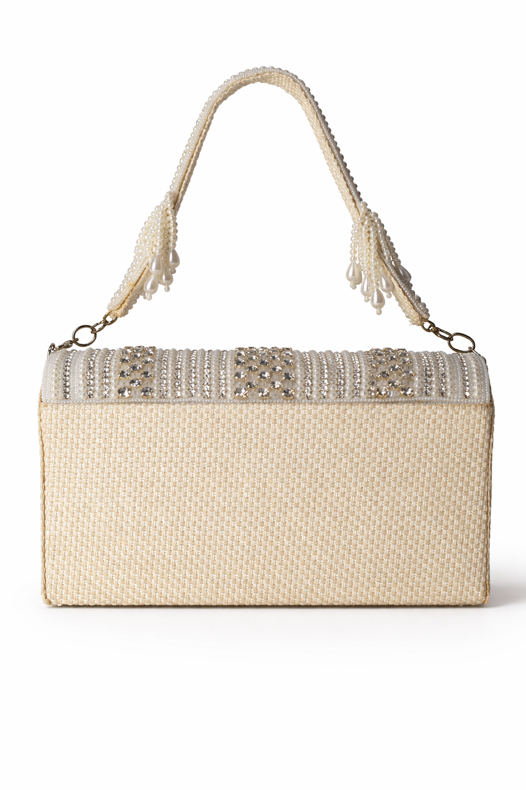 KarryQ Women's Premium Ivory Pearl Beaded Fringe Handbag | Crystal Embellished Party Clutch Purse | Bridal, Wedding, Festive, Cocktail & Ethnic Shoulder Bag with Pearl Handle