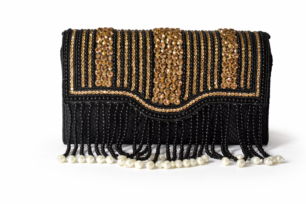 KarryQ Women's Premium Black Beaded Fringe Handbag | Crystal Embellished Party Clutch Purse | Designer Bridal, Wedding, Festive, Cocktail & Ethnic Shoulder Bag with Pearl Tassels