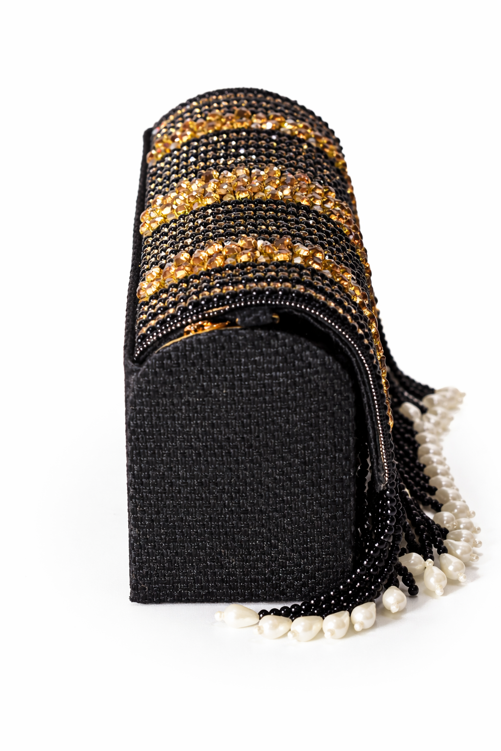 KarryQ Women's Premium Black Beaded Fringe Handbag | Crystal Embellished Party Clutch Purse | Designer Bridal, Wedding, Festive, Cocktail & Ethnic Shoulder Bag with Pearl Tassels