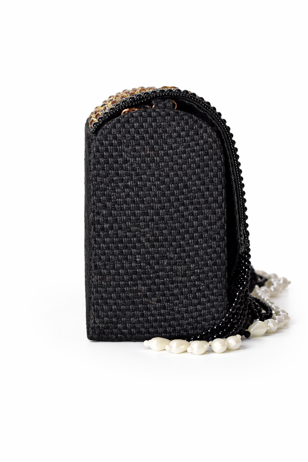 KarryQ Women's Premium Black Beaded Fringe Handbag | Crystal Embellished Party Clutch Purse | Designer Bridal, Wedding, Festive, Cocktail & Ethnic Shoulder Bag with Pearl Tassels