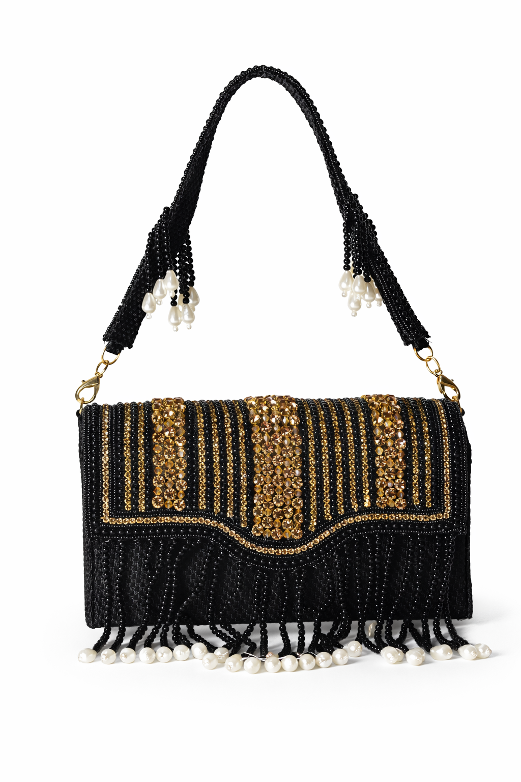 KarryQ Women's Premium Black Beaded Fringe Handbag | Crystal Embellished Party Clutch Purse | Designer Bridal, Wedding, Festive, Cocktail & Ethnic Shoulder Bag with Pearl Tassels