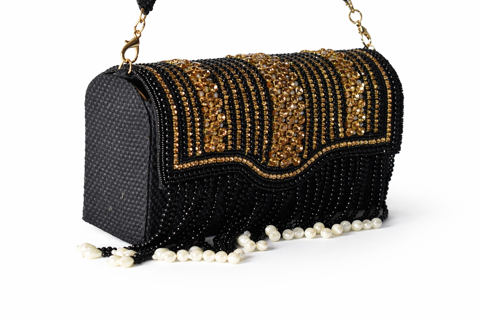 KarryQ Women's Premium Black Beaded Fringe Handbag | Crystal Embellished Party Clutch Purse | Designer Bridal, Wedding, Festive, Cocktail & Ethnic Shoulder Bag with Pearl Tassels