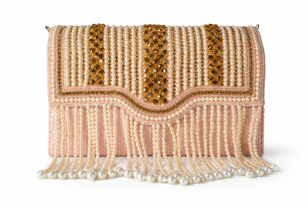 KarryQ Women's Premium Blush Pink Pearl Beaded Fringe Handbag | Crystal Embellished Party Clutch Purse | Designer Bridal, Wedding, Festive, Cocktail & Ethnic Shoulder Bag with Pearl Tassels