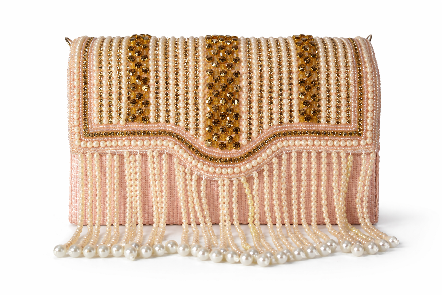 KarryQ Women's Premium Blush Pink Pearl Beaded Fringe Handbag | Crystal Embellished Party Clutch Purse | Designer Bridal, Wedding, Festive, Cocktail & Ethnic Shoulder Bag with Pearl Tassels