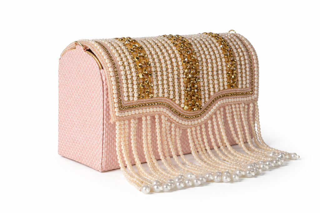 KarryQ Women's Premium Blush Pink Pearl Beaded Fringe Handbag | Crystal Embellished Party Clutch Purse | Designer Bridal, Wedding, Festive, Cocktail & Ethnic Shoulder Bag with Pearl Tassels