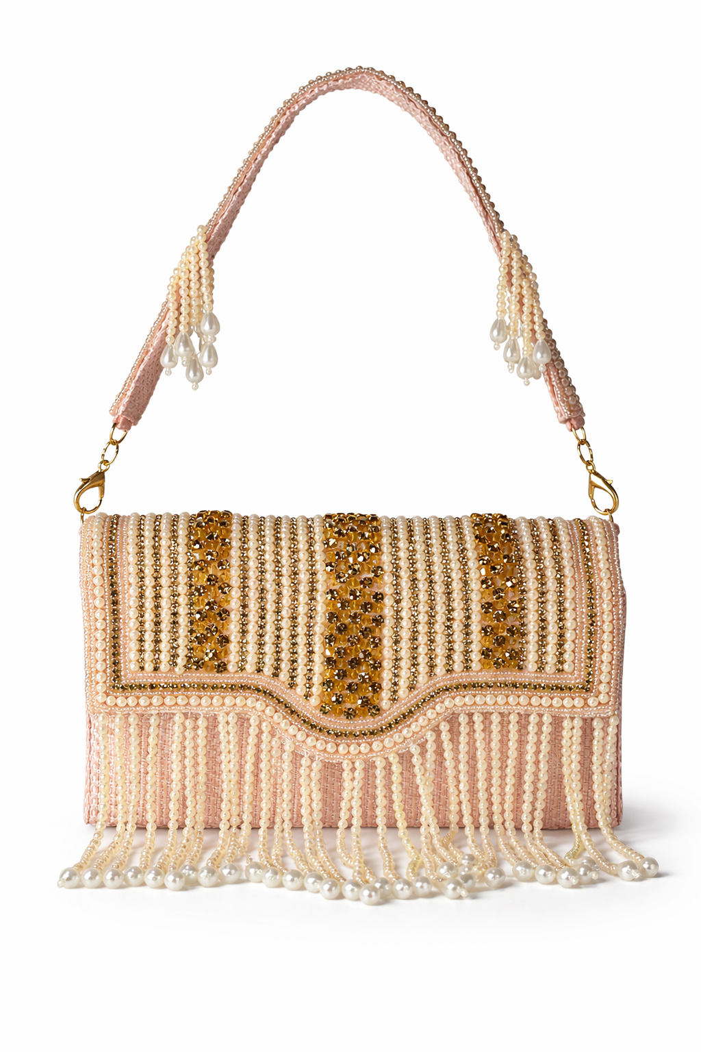 KarryQ Women's Premium Blush Pink Pearl Beaded Fringe Handbag | Crystal Embellished Party Clutch Purse | Designer Bridal, Wedding, Festive, Cocktail & Ethnic Shoulder Bag with Pearl Tassels