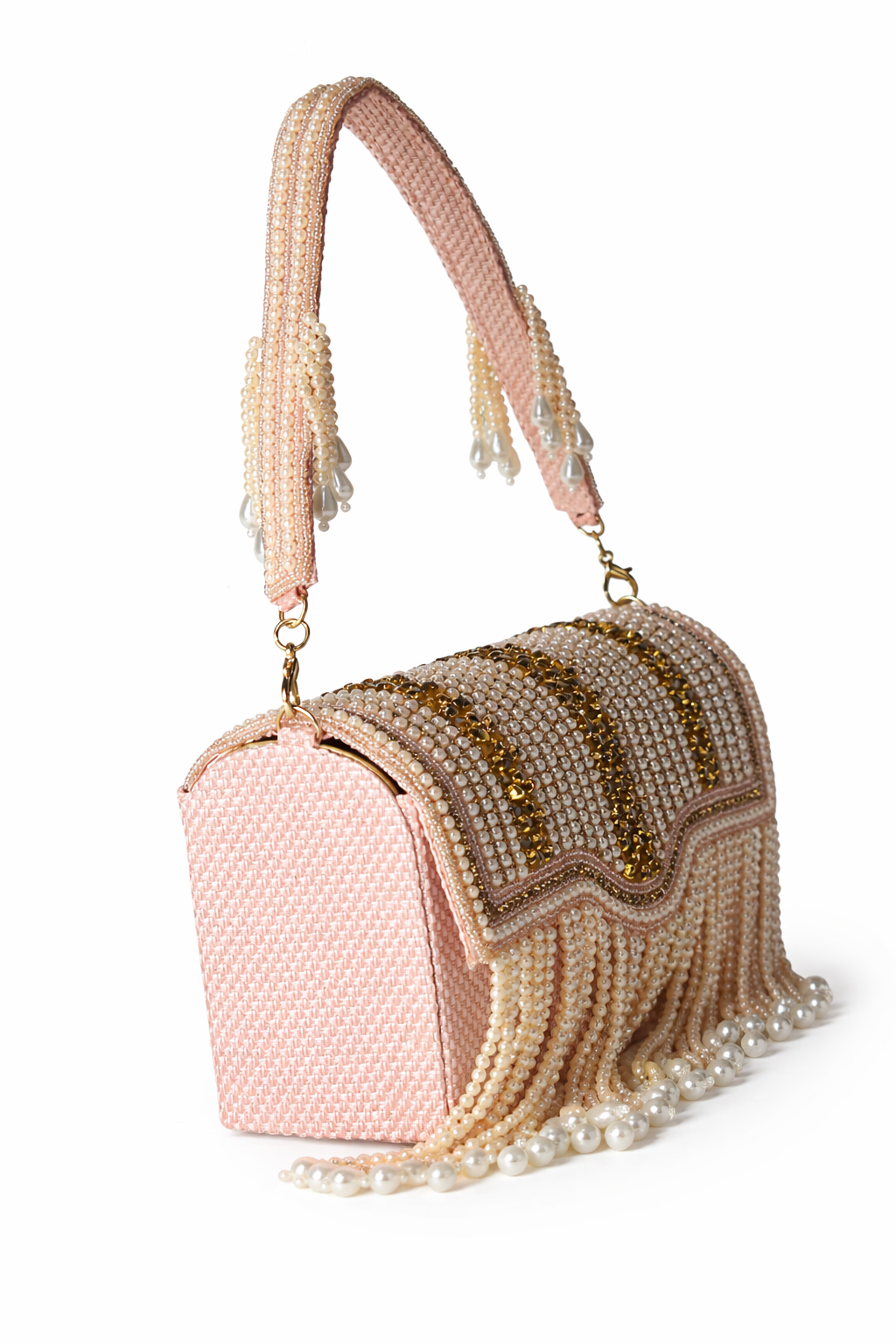 KarryQ Women's Premium Blush Pink Pearl Beaded Fringe Handbag | Crystal Embellished Party Clutch Purse | Designer Bridal, Wedding, Festive, Cocktail & Ethnic Shoulder Bag with Pearl Tassels