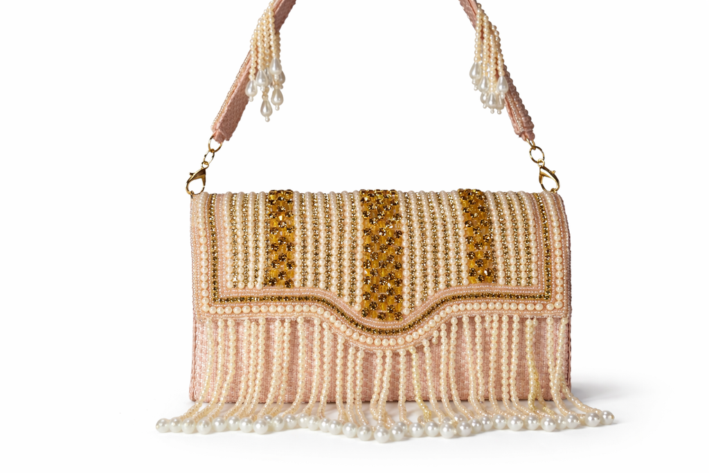 KarryQ Women's Premium Blush Pink Pearl Beaded Fringe Handbag | Crystal Embellished Party Clutch Purse | Designer Bridal, Wedding, Festive, Cocktail & Ethnic Shoulder Bag with Pearl Tassels