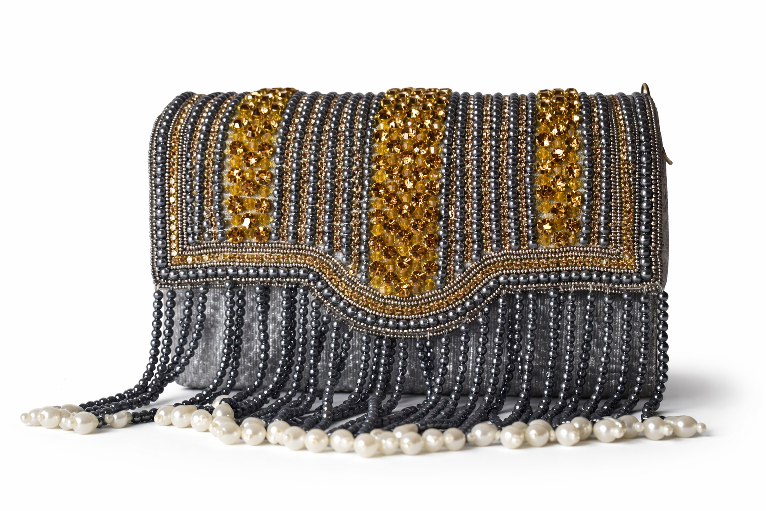 KarryQ Women's Premium Grey Beaded Fringe Handbag | Crystal Embellished Party Clutch Purse | Designer Bridal, Wedding, Festive, Cocktail & Ethnic Shoulder Bag with Pearl Tassels