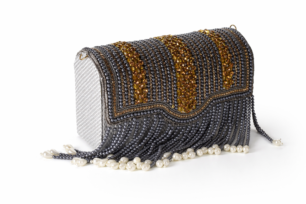 KarryQ Women's Premium Grey Beaded Fringe Handbag | Crystal Embellished Party Clutch Purse | Designer Bridal, Wedding, Festive, Cocktail & Ethnic Shoulder Bag with Pearl Tassels