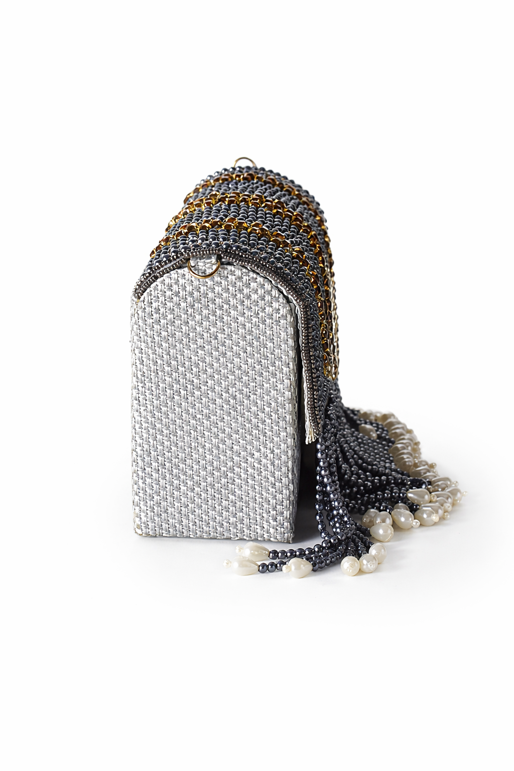KarryQ Women's Premium Grey Beaded Fringe Handbag | Crystal Embellished Party Clutch Purse | Designer Bridal, Wedding, Festive, Cocktail & Ethnic Shoulder Bag with Pearl Tassels