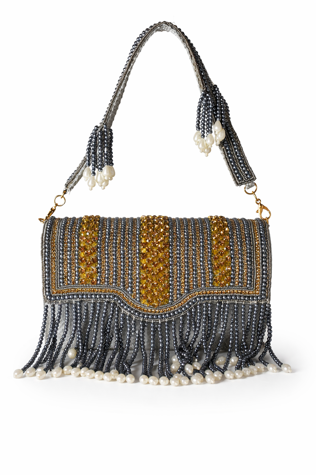 KarryQ Women's Premium Grey Beaded Fringe Handbag | Crystal Embellished Party Clutch Purse | Designer Bridal, Wedding, Festive, Cocktail & Ethnic Shoulder Bag with Pearl Tassels