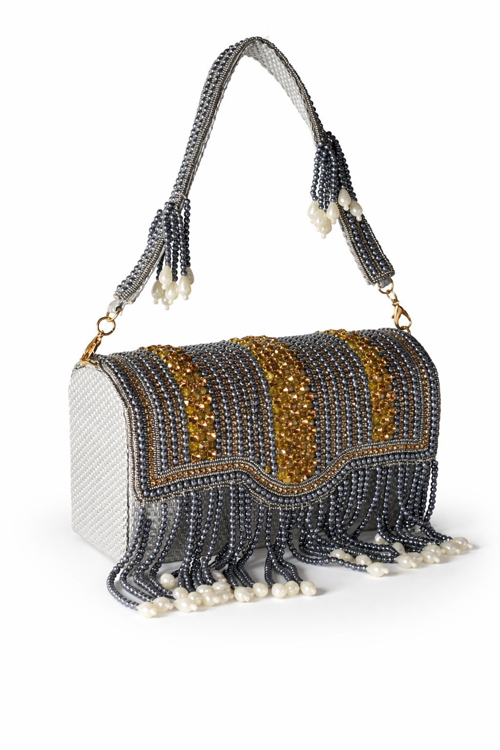 KarryQ Women's Premium Grey Beaded Fringe Handbag | Crystal Embellished Party Clutch Purse | Designer Bridal, Wedding, Festive, Cocktail & Ethnic Shoulder Bag with Pearl Tassels