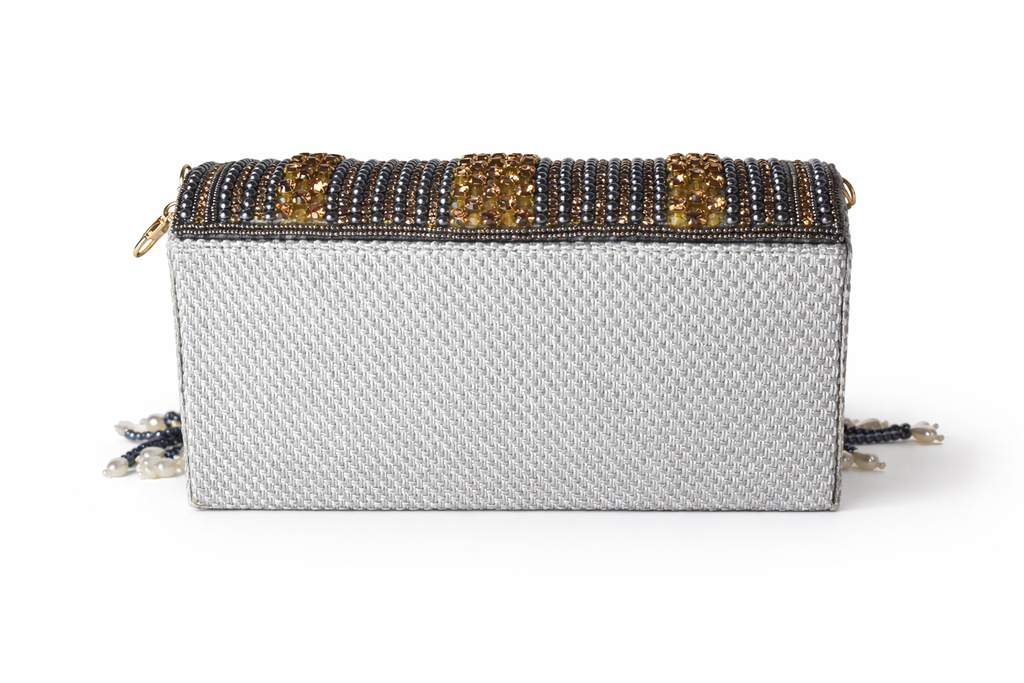KarryQ Women's Premium Grey Beaded Fringe Handbag | Crystal Embellished Party Clutch Purse | Designer Bridal, Wedding, Festive, Cocktail & Ethnic Shoulder Bag with Pearl Tassels