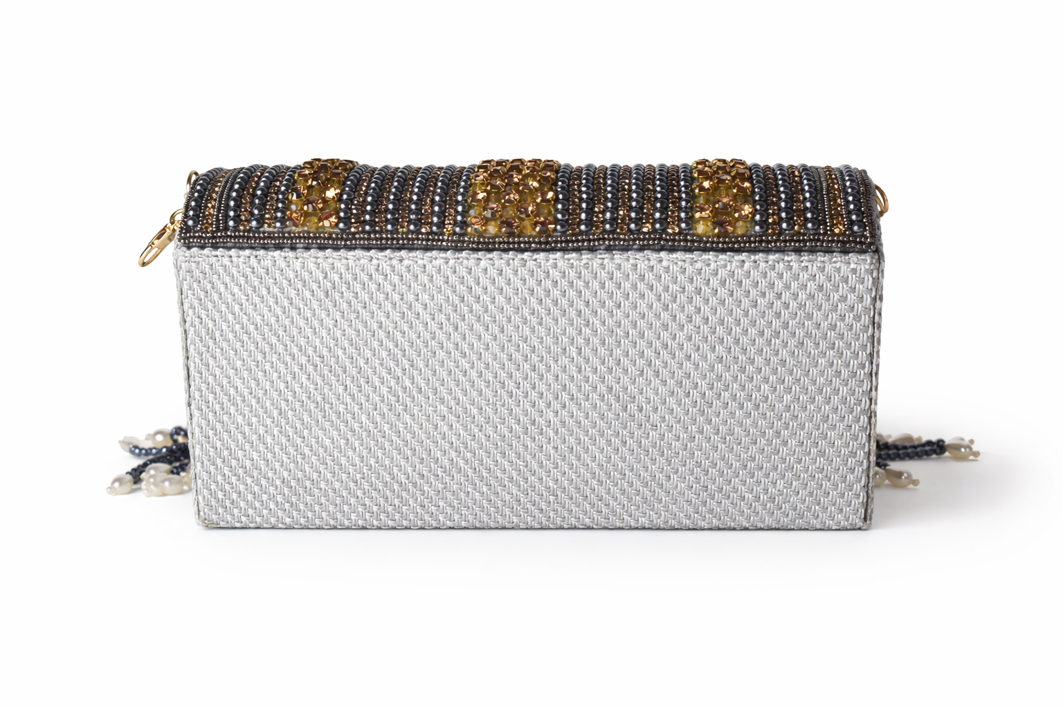 KarryQ Women's Premium Grey Beaded Fringe Handbag | Crystal Embellished Party Clutch Purse | Designer Bridal, Wedding, Festive, Cocktail & Ethnic Shoulder Bag with Pearl Tassels