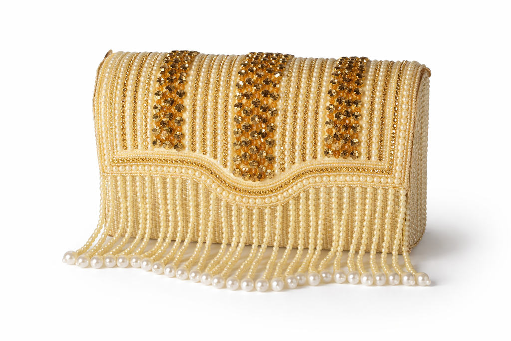 KarryQ Women's Premium Gold Beaded Fringe Handbag | Crystal Embellished Party Clutch Purse | Designer Bridal, Wedding, Festive, Cocktail & Ethnic Shoulder Bag with Pearl Tassels