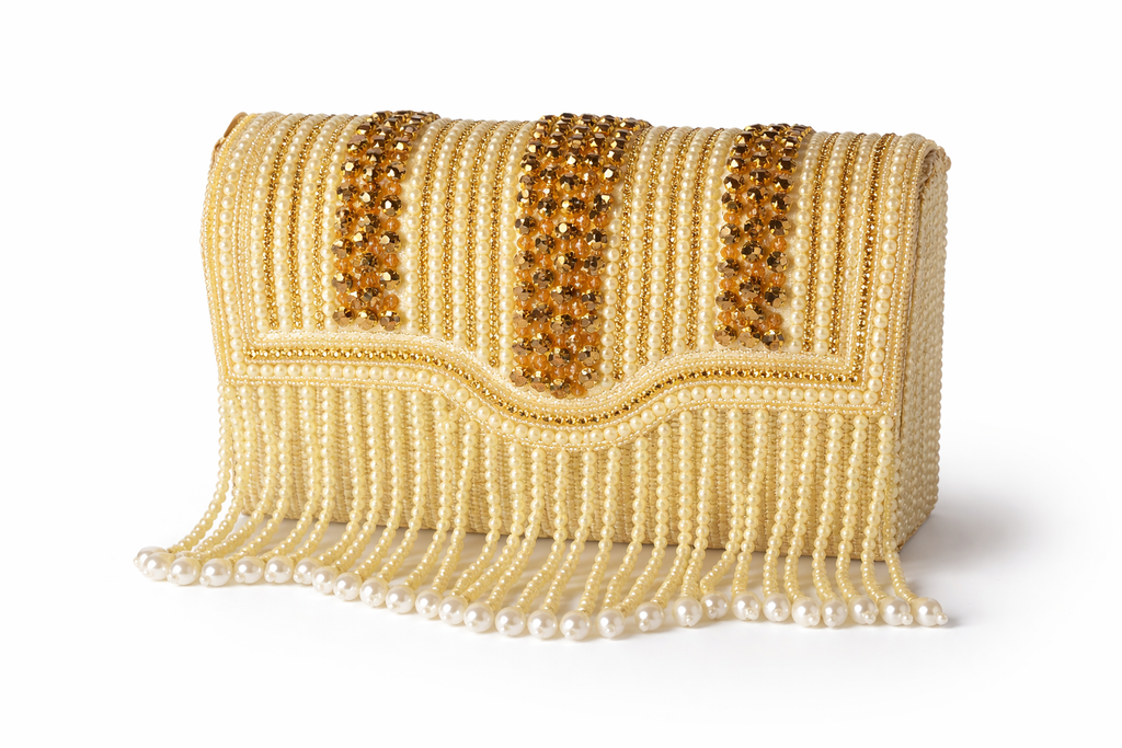 KarryQ Women's Premium Gold Beaded Fringe Handbag | Crystal Embellished Party Clutch Purse | Designer Bridal, Wedding, Festive, Cocktail & Ethnic Shoulder Bag with Pearl Tassels