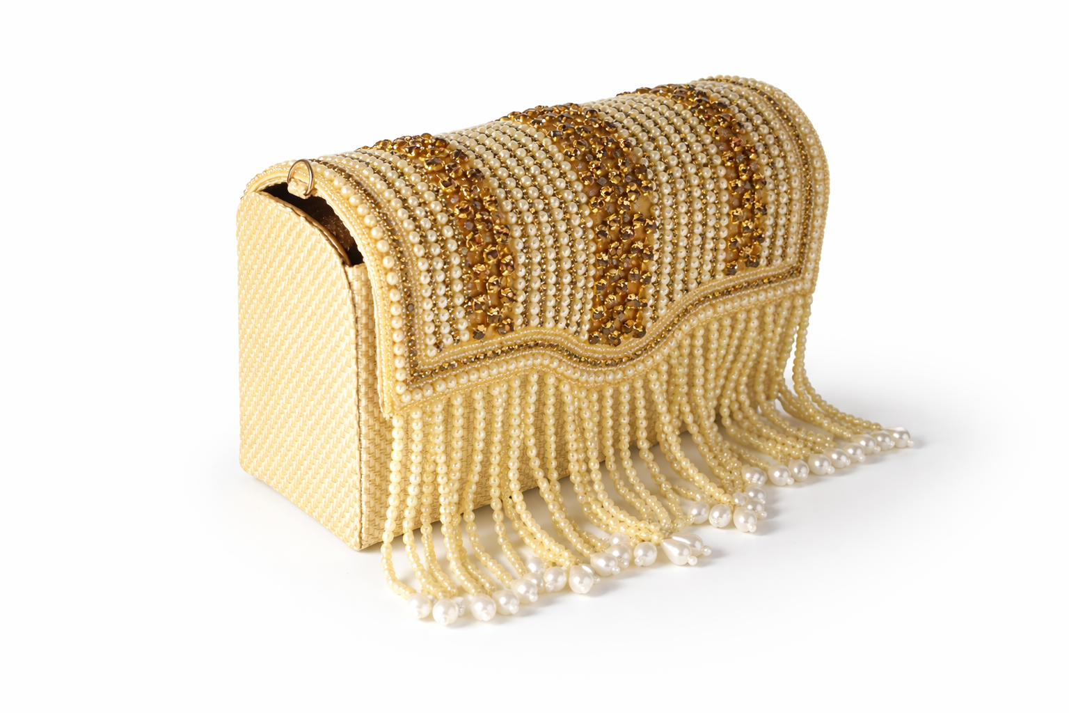 KarryQ Women's Premium Gold Beaded Fringe Handbag | Crystal Embellished Party Clutch Purse | Designer Bridal, Wedding, Festive, Cocktail & Ethnic Shoulder Bag with Pearl Tassels