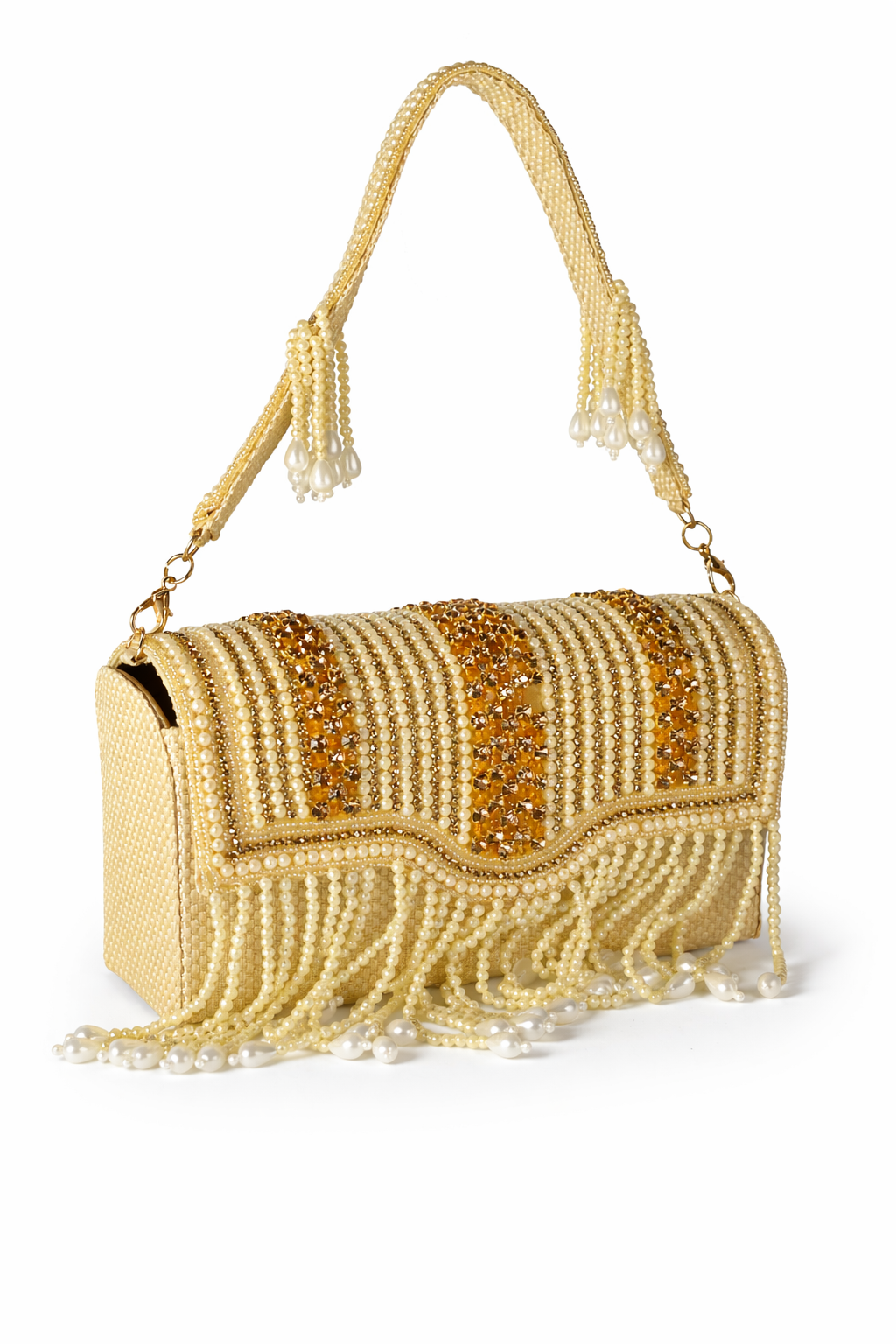 KarryQ Women's Premium Gold Beaded Fringe Handbag | Crystal Embellished Party Clutch Purse | Designer Bridal, Wedding, Festive, Cocktail & Ethnic Shoulder Bag with Pearl Tassels