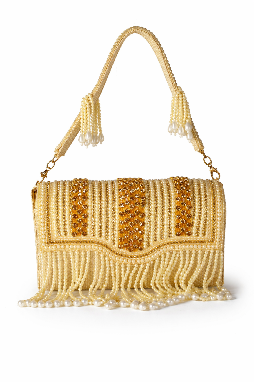 KarryQ Women's Premium Gold Beaded Fringe Handbag | Crystal Embellished Party Clutch Purse | Designer Bridal, Wedding, Festive, Cocktail & Ethnic Shoulder Bag with Pearl Tassels