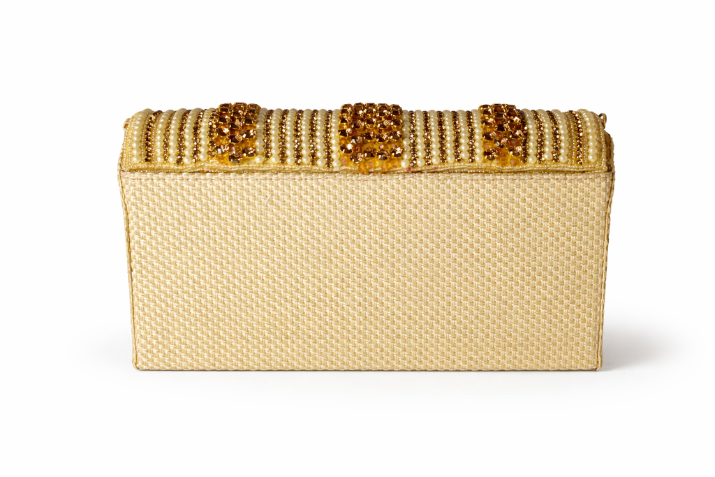 KarryQ Women's Premium Gold Beaded Fringe Handbag | Crystal Embellished Party Clutch Purse | Designer Bridal, Wedding, Festive, Cocktail & Ethnic Shoulder Bag with Pearl Tassels