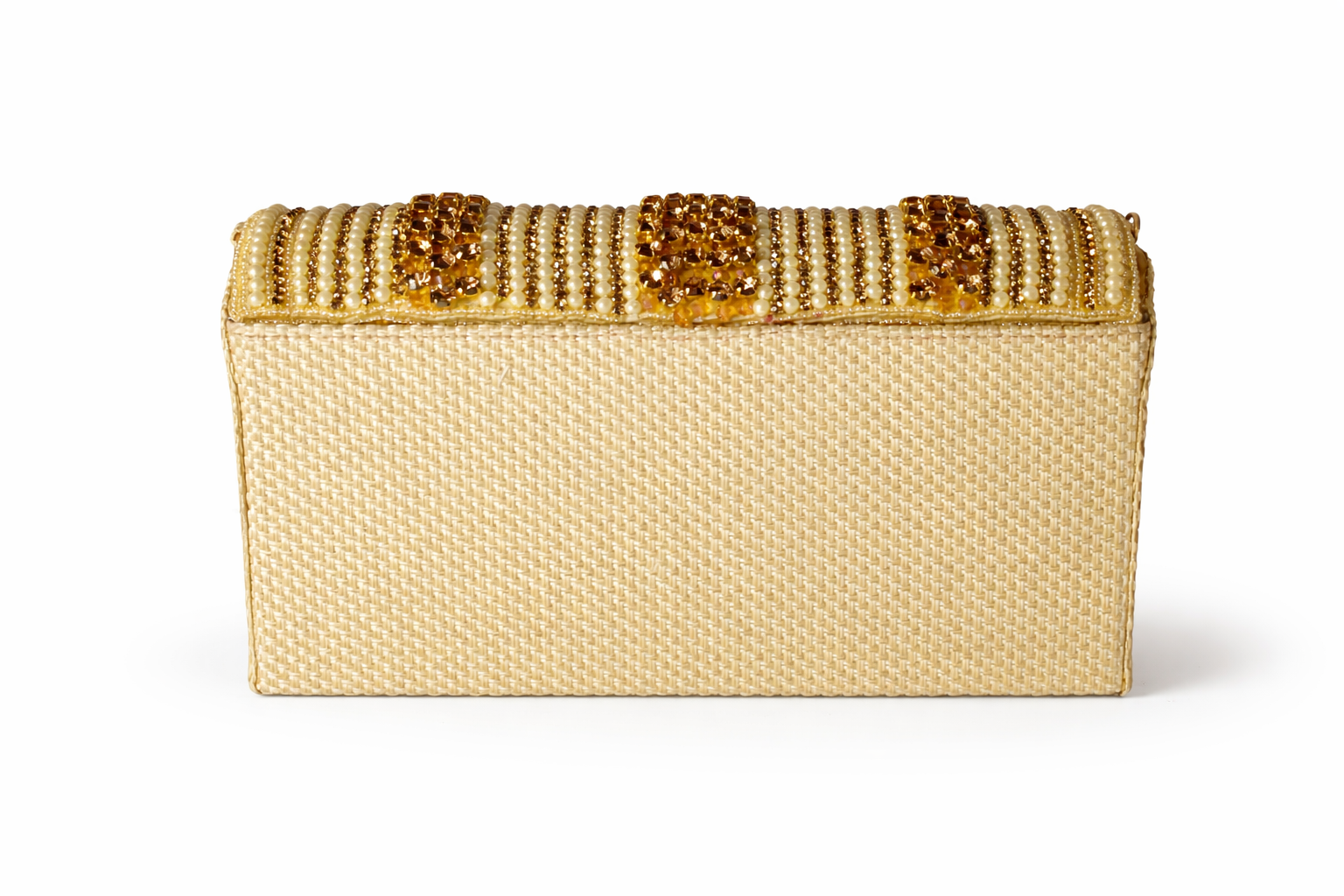 KarryQ Women's Premium Gold Beaded Fringe Handbag | Crystal Embellished Party Clutch Purse | Designer Bridal, Wedding, Festive, Cocktail & Ethnic Shoulder Bag with Pearl Tassels
