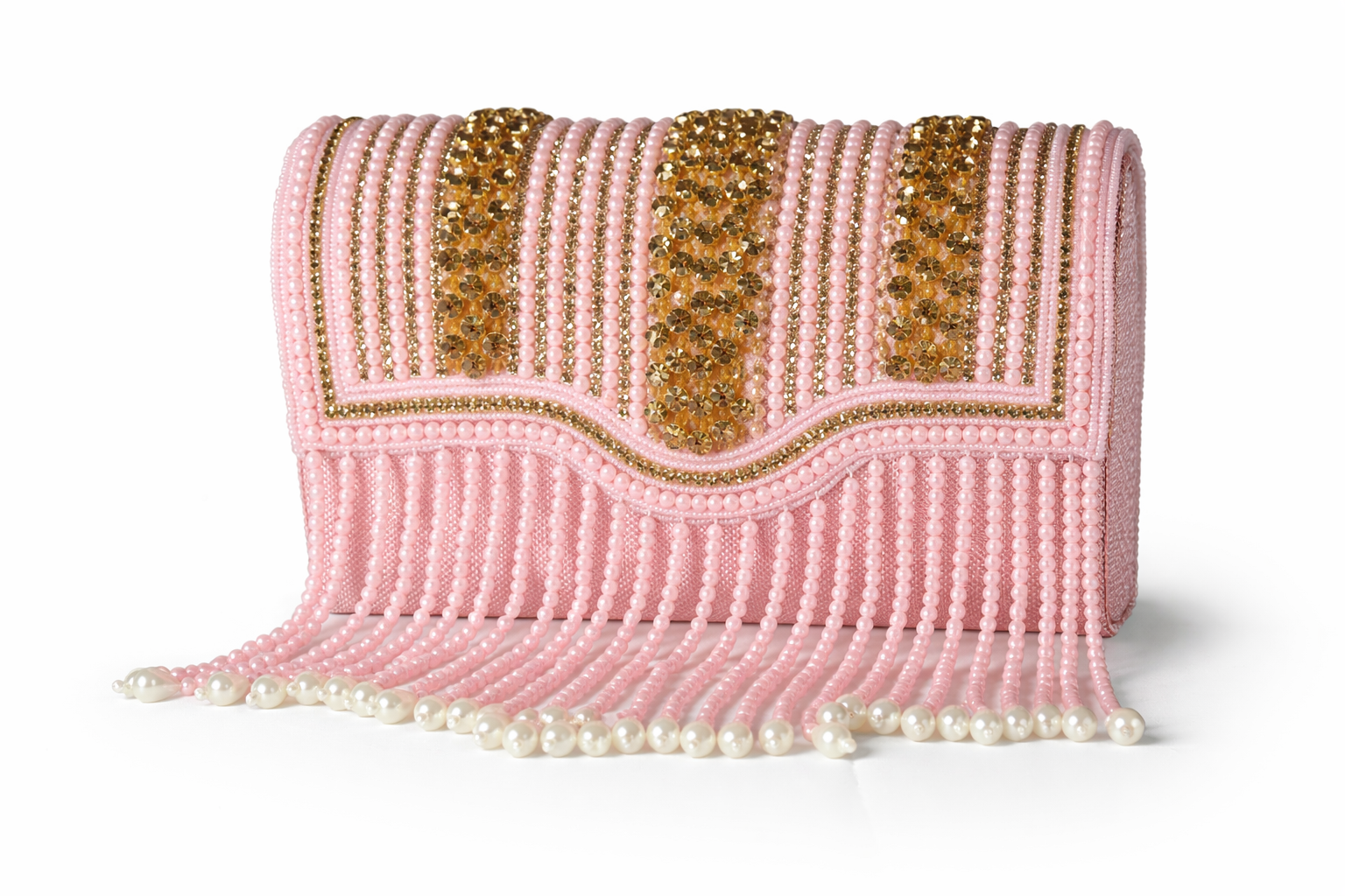 KarryQ Women's Premium Baby Pink Beaded Fringe Handbag | Crystal Embellished Party Clutch Purse | Designer Bridal, Wedding, Festive, Cocktail & Ethnic Shoulder Bag with Pearl Tassels