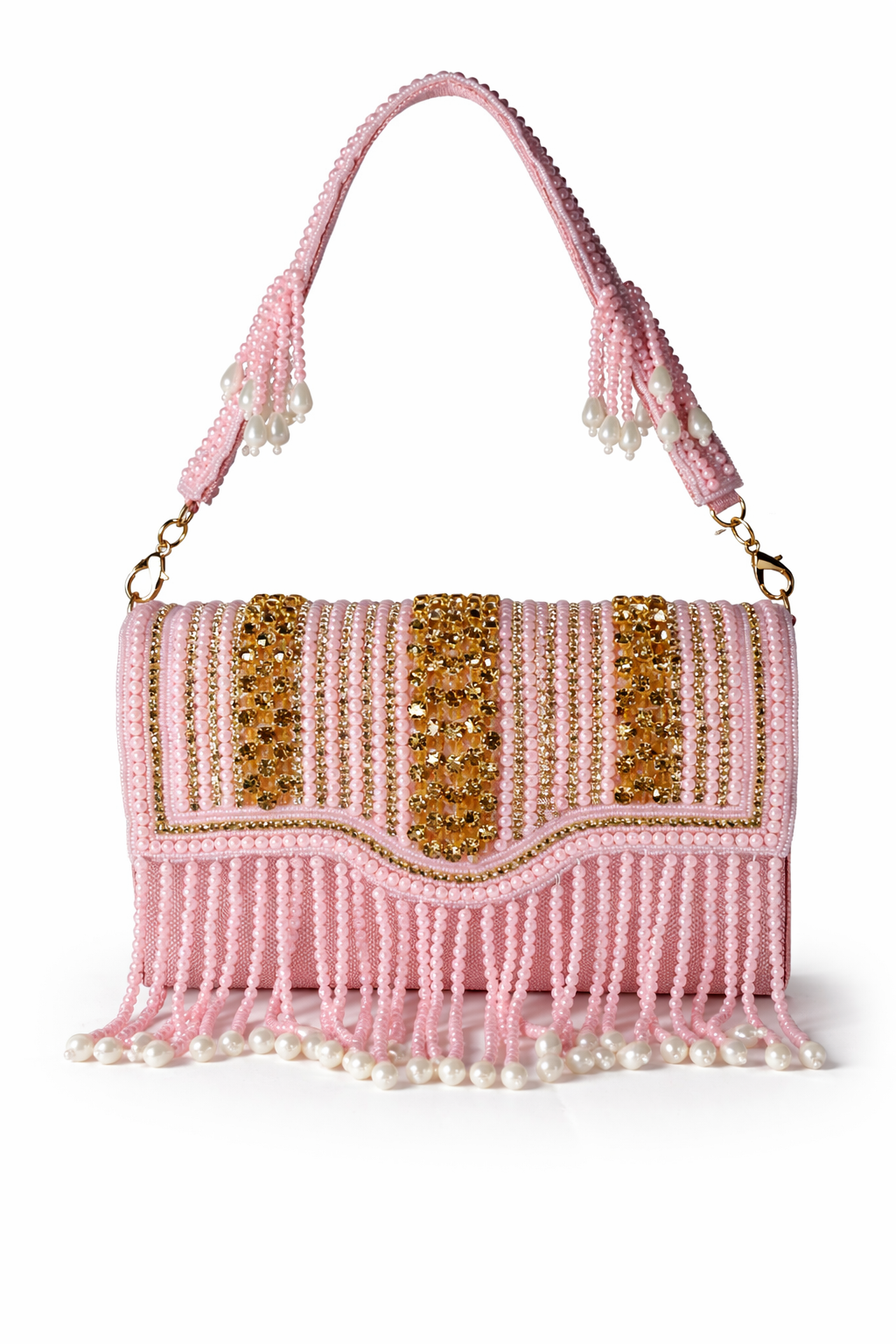 KarryQ Women's Premium Baby Pink Beaded Fringe Handbag | Crystal Embellished Party Clutch Purse | Designer Bridal, Wedding, Festive, Cocktail & Ethnic Shoulder Bag with Pearl Tassels