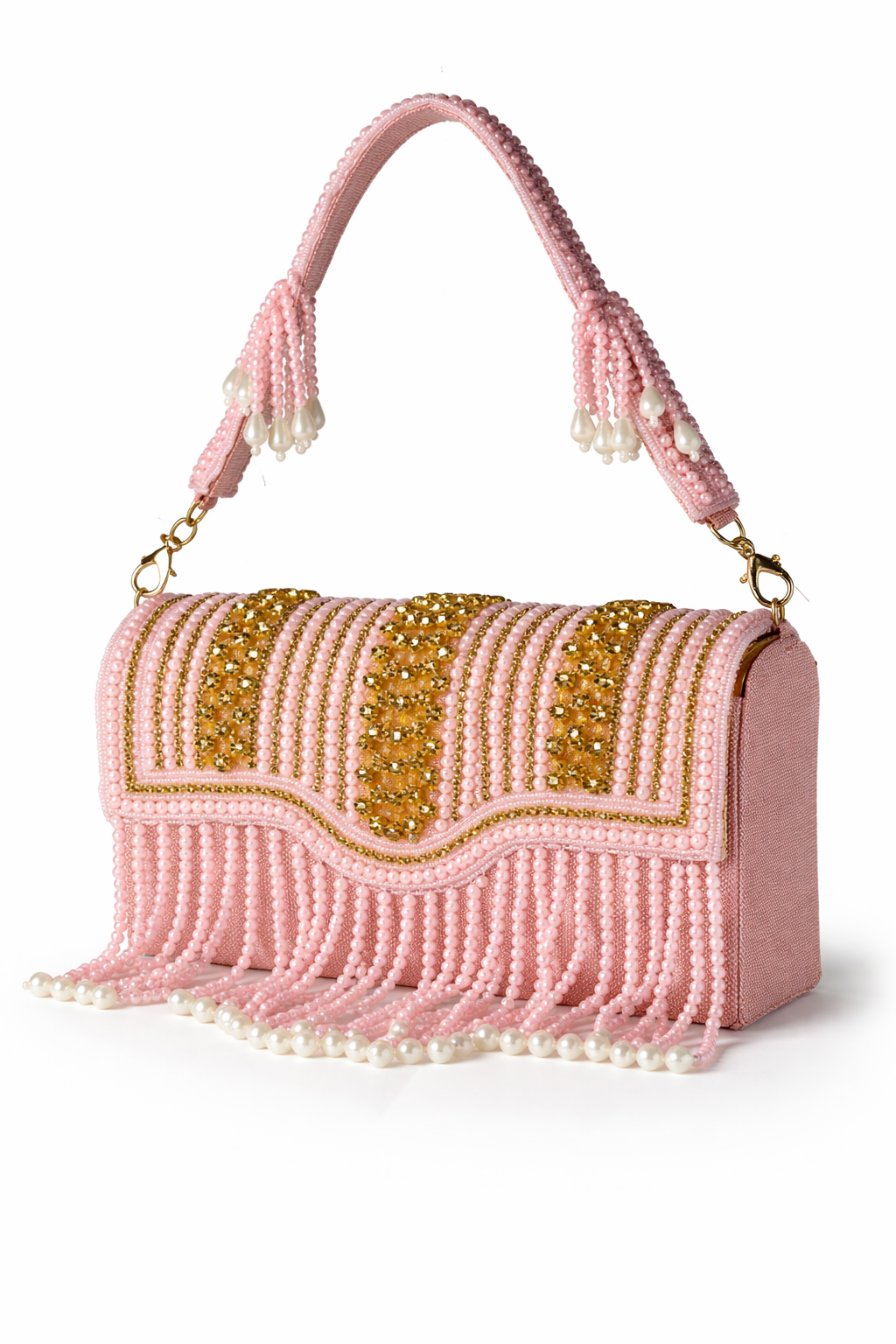KarryQ Women's Premium Baby Pink Beaded Fringe Handbag | Crystal Embellished Party Clutch Purse | Designer Bridal, Wedding, Festive, Cocktail & Ethnic Shoulder Bag with Pearl Tassels