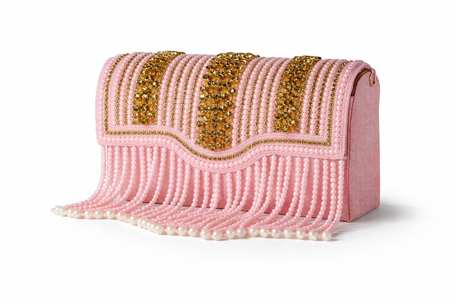 KarryQ Women's Premium Baby Pink Beaded Fringe Handbag | Crystal Embellished Party Clutch Purse | Designer Bridal, Wedding, Festive, Cocktail & Ethnic Shoulder Bag with Pearl Tassels