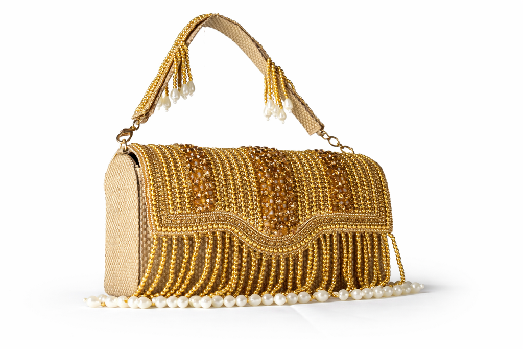 KarryQ Women's Premium Antique Gold Beaded Fringe Handbag | Crystal Embellished Party Clutch Purse | Designer Bridal, Wedding, Festive, Cocktail & Ethnic Shoulder Bag with Pearl Tassels