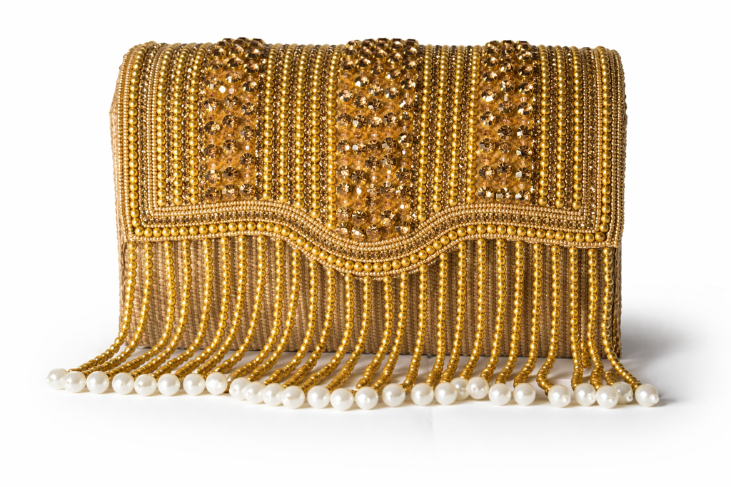 KarryQ Women's Premium Antique Gold Beaded Fringe Handbag | Crystal Embellished Party Clutch Purse | Designer Bridal, Wedding, Festive, Cocktail & Ethnic Shoulder Bag with Pearl Tassels