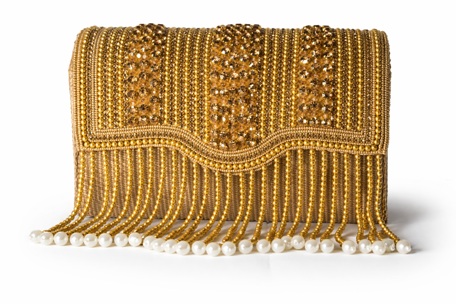 KarryQ Women's Premium Antique Gold Beaded Fringe Handbag | Crystal Embellished Party Clutch Purse | Designer Bridal, Wedding, Festive, Cocktail & Ethnic Shoulder Bag with Pearl Tassels