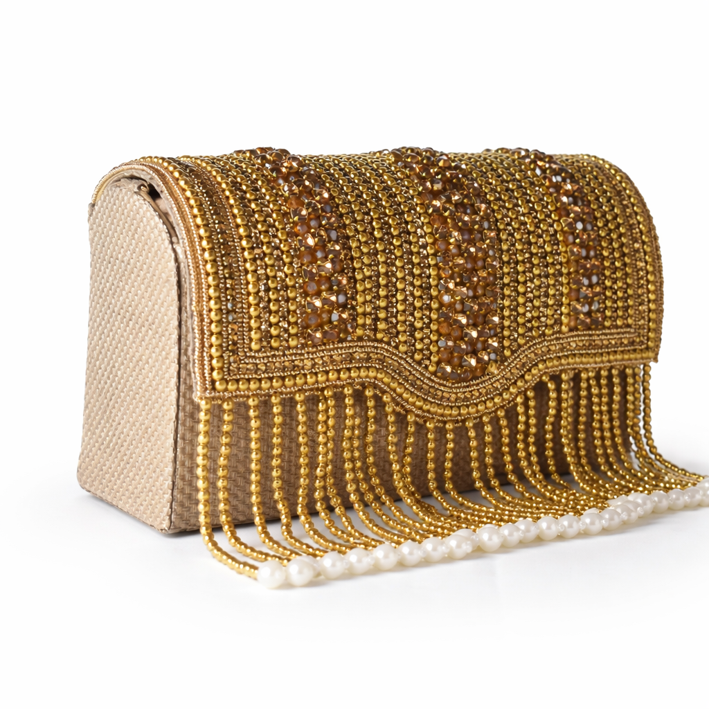 KarryQ Women's Premium Antique Gold Beaded Fringe Handbag | Crystal Embellished Party Clutch Purse | Designer Bridal, Wedding, Festive, Cocktail & Ethnic Shoulder Bag with Pearl Tassels