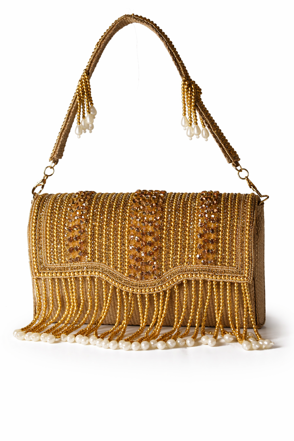 KarryQ Women's Premium Antique Gold Beaded Fringe Handbag | Crystal Embellished Party Clutch Purse | Designer Bridal, Wedding, Festive, Cocktail & Ethnic Shoulder Bag with Pearl Tassels
