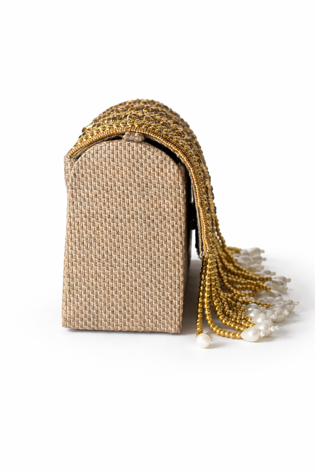 KarryQ Women's Premium Antique Gold Beaded Fringe Handbag | Crystal Embellished Party Clutch Purse | Designer Bridal, Wedding, Festive, Cocktail & Ethnic Shoulder Bag with Pearl Tassels
