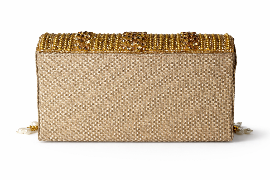 KarryQ Women's Premium Antique Gold Beaded Fringe Handbag | Crystal Embellished Party Clutch Purse | Designer Bridal, Wedding, Festive, Cocktail & Ethnic Shoulder Bag with Pearl Tassels