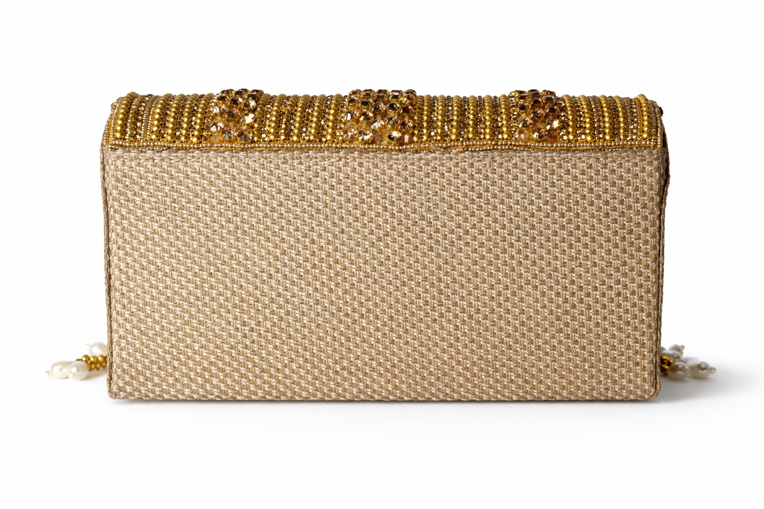 KarryQ Women's Premium Antique Gold Beaded Fringe Handbag | Crystal Embellished Party Clutch Purse | Designer Bridal, Wedding, Festive, Cocktail & Ethnic Shoulder Bag with Pearl Tassels