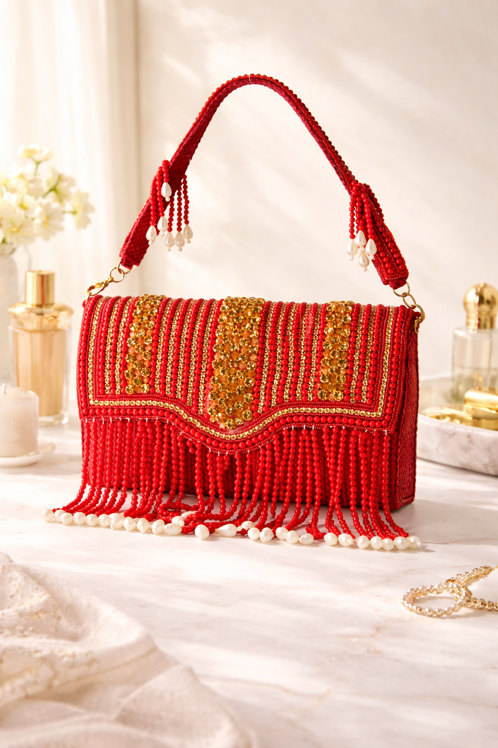 KarryQ Women's Premium Red Beaded Fringe Handbag | Crystal Embellished Party Clutch Purse | Bridal, Wedding, Festive, Cocktail & Ethnic Shoulder Bag with Pearl Tassels