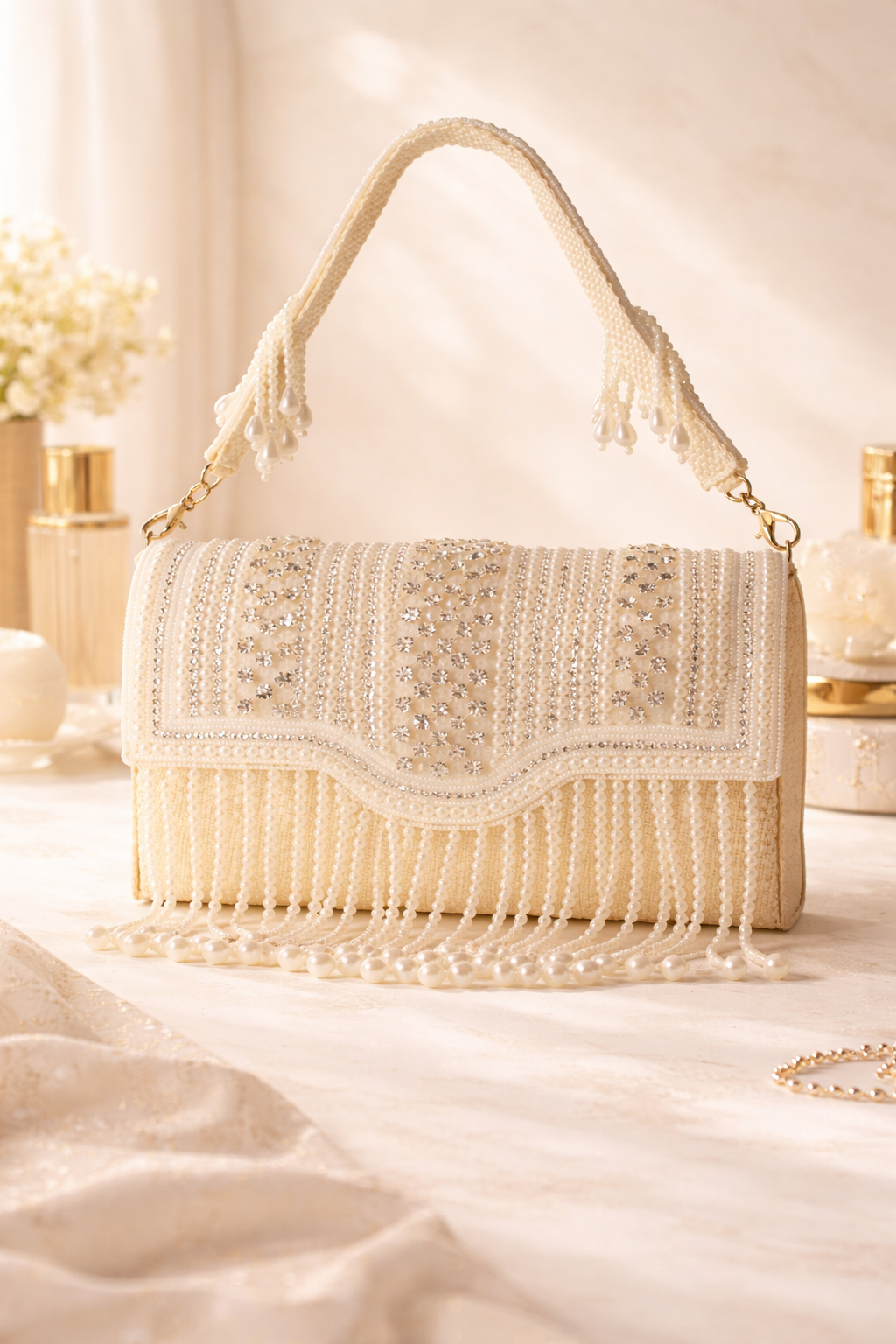 KarryQ Women's Premium Ivory Pearl Beaded Fringe Handbag | Crystal Embellished Party Clutch Purse | Bridal, Wedding, Festive, Cocktail & Ethnic Shoulder Bag with Pearl Handle