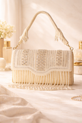KarryQ Women's Premium Ivory Pearl Beaded Fringe Handbag | Crystal Embellished Party Clutch Purse | Bridal, Wedding, Festive, Cocktail & Ethnic Shoulder Bag with Pearl Handle