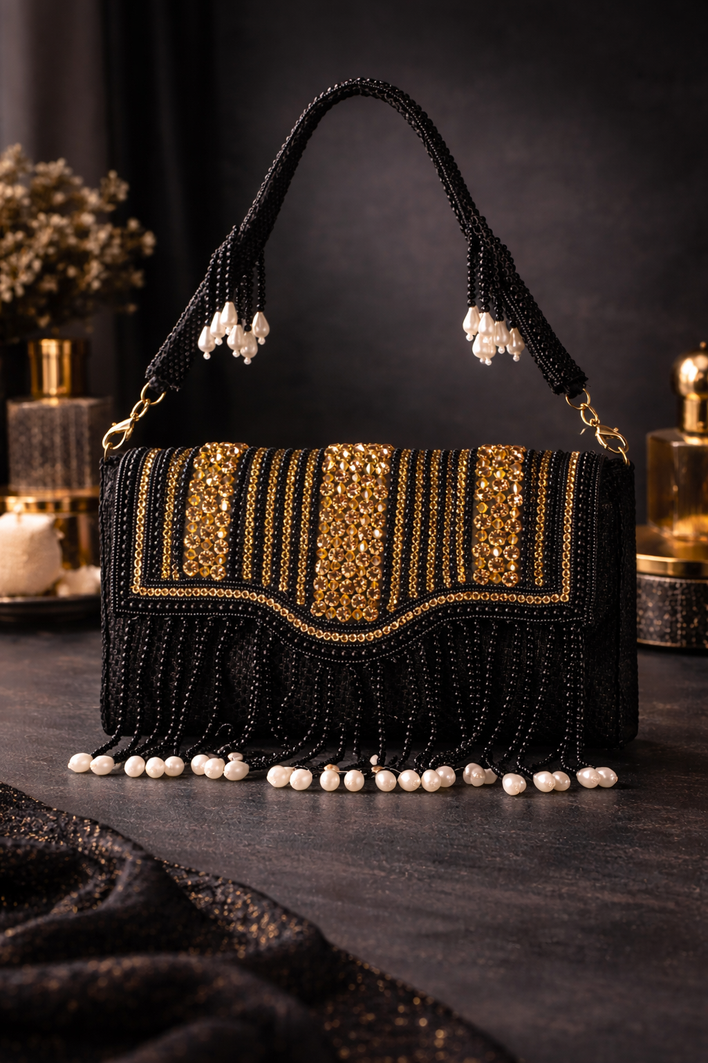 KarryQ Women's Premium Black Beaded Fringe Handbag | Crystal Embellished Party Clutch Purse | Designer Bridal, Wedding, Festive, Cocktail & Ethnic Shoulder Bag with Pearl Tassels
