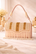 KarryQ Women's Premium Blush Pink Pearl Beaded Fringe Handbag | Crystal Embellished Party Clutch Purse | Designer Bridal, Wedding, Festive, Cocktail & Ethnic Shoulder Bag with Pearl Tassels