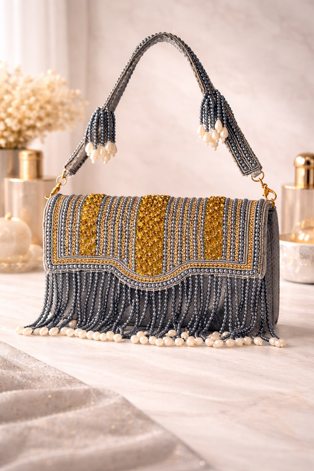 KarryQ Women's Premium Grey Beaded Fringe Handbag | Crystal Embellished Party Clutch Purse | Designer Bridal, Wedding, Festive, Cocktail & Ethnic Shoulder Bag with Pearl Tassels