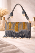 KarryQ Women's Premium Grey Beaded Fringe Handbag | Crystal Embellished Party Clutch Purse | Designer Bridal, Wedding, Festive, Cocktail & Ethnic Shoulder Bag with Pearl Tassels