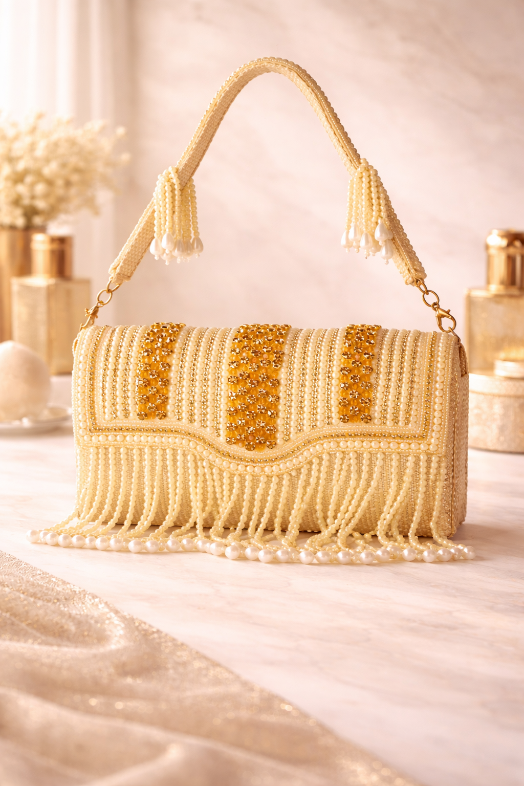 KarryQ Women's Premium Gold Beaded Fringe Handbag | Crystal Embellished Party Clutch Purse | Designer Bridal, Wedding, Festive, Cocktail & Ethnic Shoulder Bag with Pearl Tassels