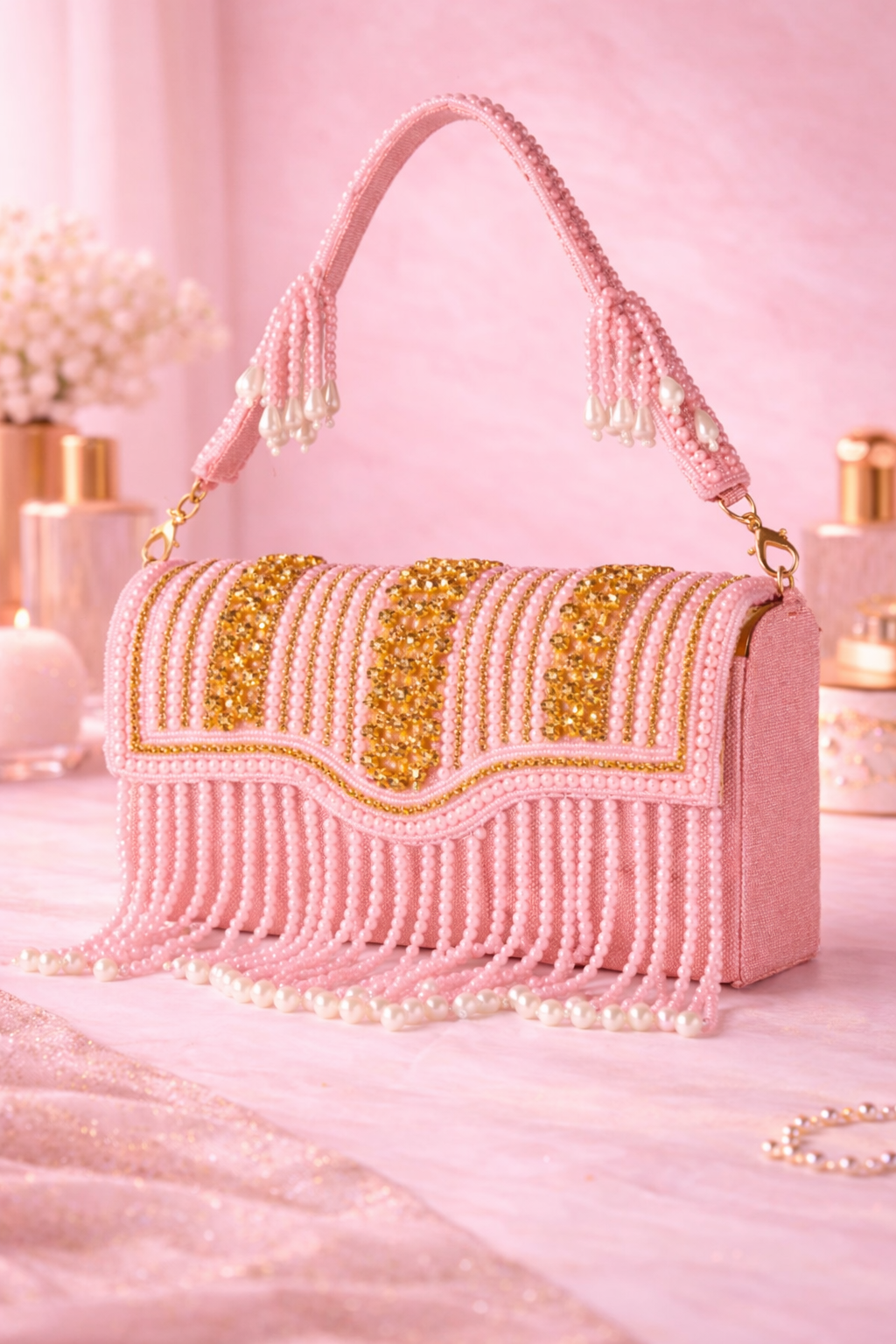 KarryQ Women's Premium Baby Pink Beaded Fringe Handbag | Crystal Embellished Party Clutch Purse | Designer Bridal, Wedding, Festive, Cocktail & Ethnic Shoulder Bag with Pearl Tassels