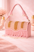 KarryQ Women's Premium Baby Pink Beaded Fringe Handbag | Crystal Embellished Party Clutch Purse | Designer Bridal, Wedding, Festive, Cocktail & Ethnic Shoulder Bag with Pearl Tassels
